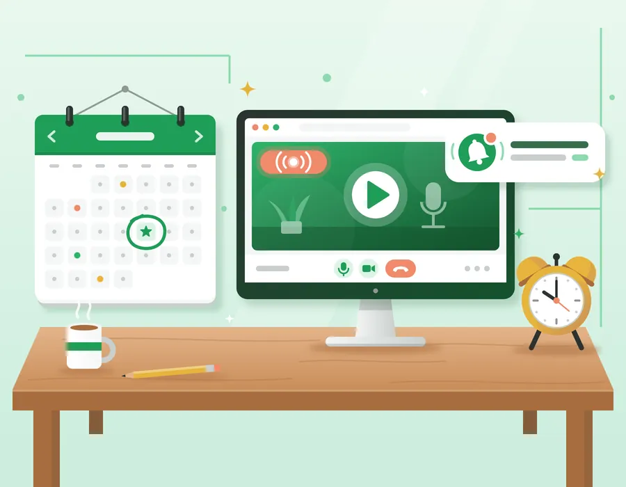 Ilustrasi kalender acara dengan jendela video call dan notifikasi