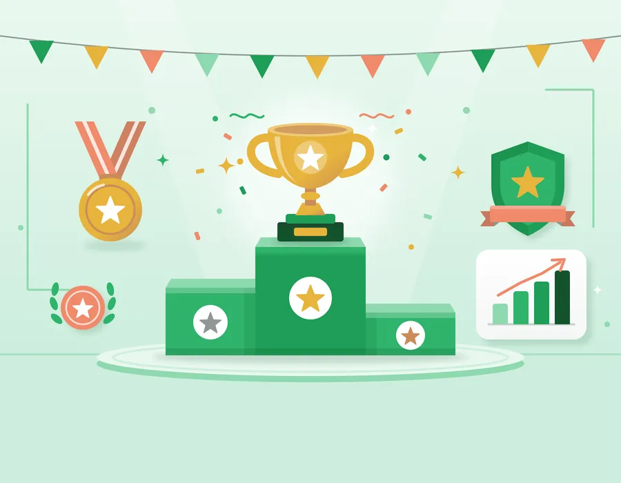 Ilustrasi podium juara dengan piala dan lencana level