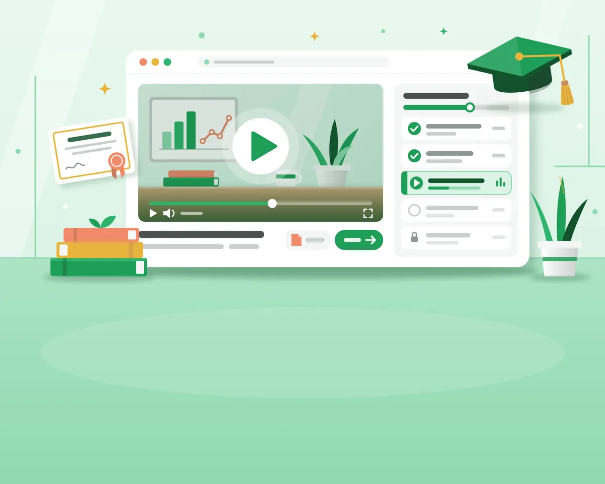 Ilustrasi pemutar kelas online dengan video, daftar pelajaran, dan progres belajar