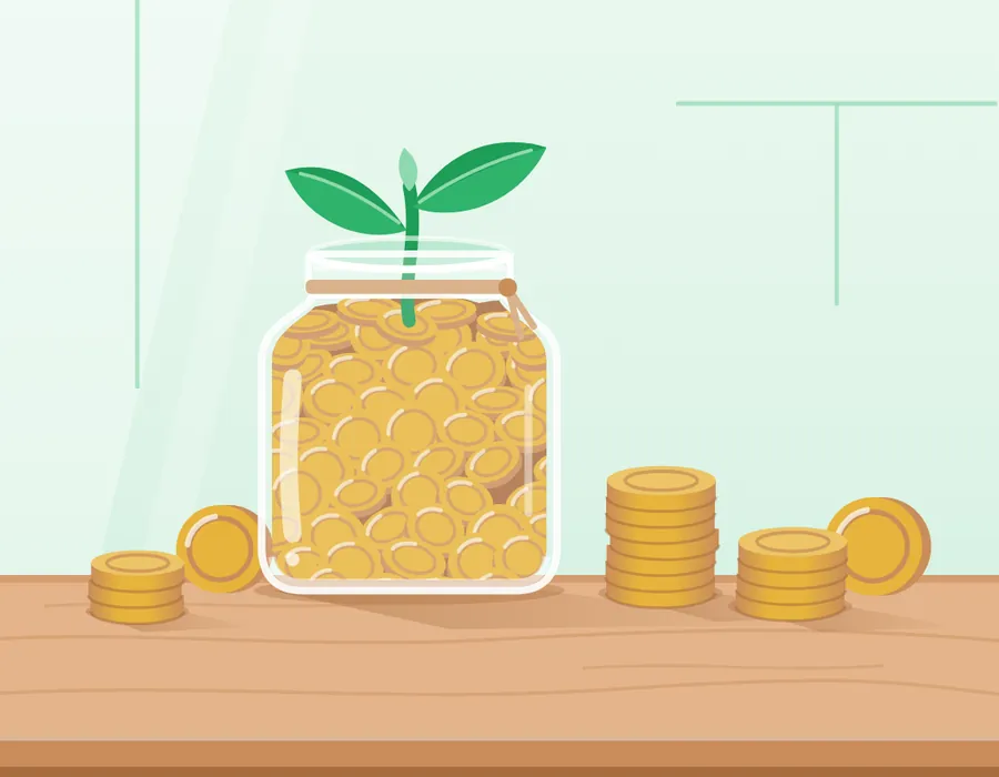 Ilustrasi toples tabungan berisi koin dengan tunas tanaman